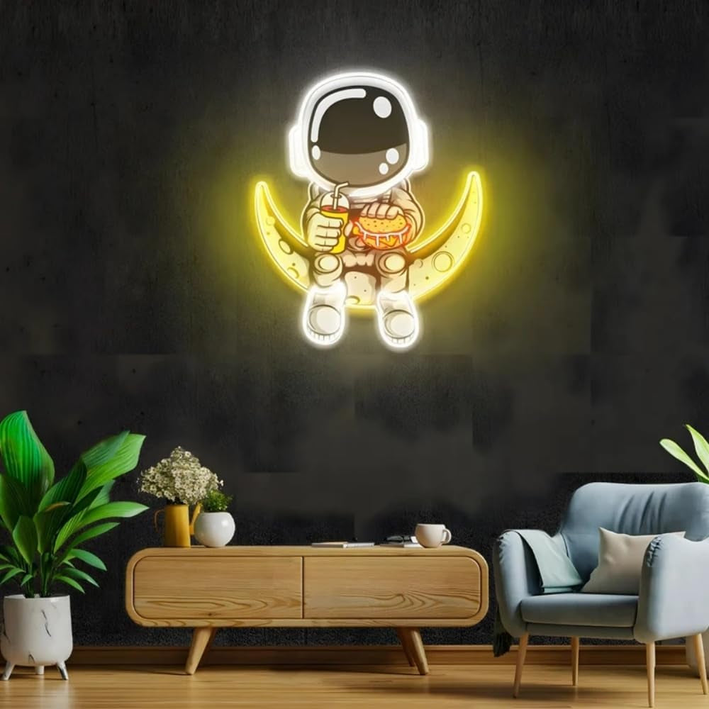 Neon Sign Astronaut Custom Neon Signs Artwork Handmade Moon Led Lights Personalized Astronaut Signs for Home Bedroom Wall Decor Party Bar,Size:45Cm