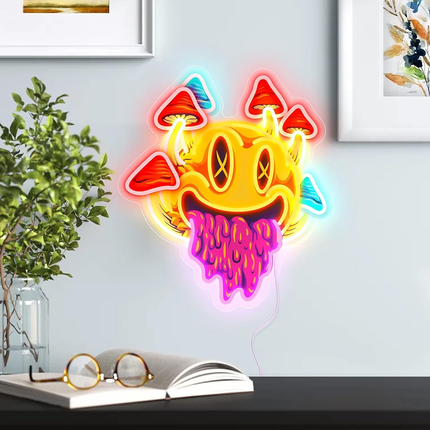 Smiling with Mushrooms Neon Sign Unique Mushroom Decor Aesthetic Room Decor Trippy Mushrooms Light for Halloween Parties, Bedroom Wall, Bar, Game Room, Man Cave